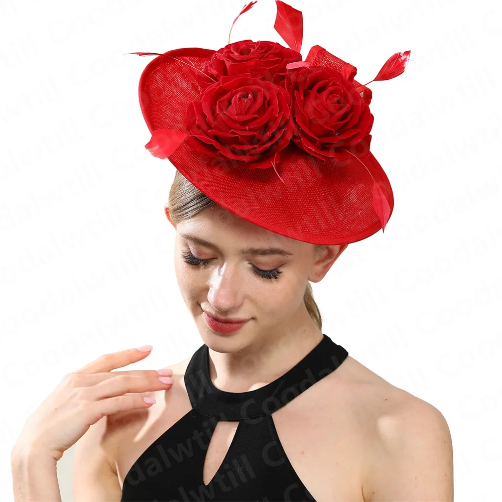 Red Flower Wedding Fascinator Hat Women Party Banquet Chapeau Cap With Headband Ladies Church Royal Hair Accessories Derby Hats