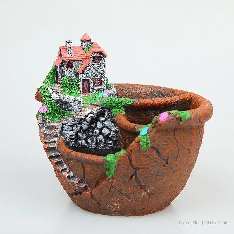 Imitation Stone Resin Flowerpots for Home Garden, Creative Rural Micro Landscape, Large Caliber Flower Pots, House and Home, 1Pc