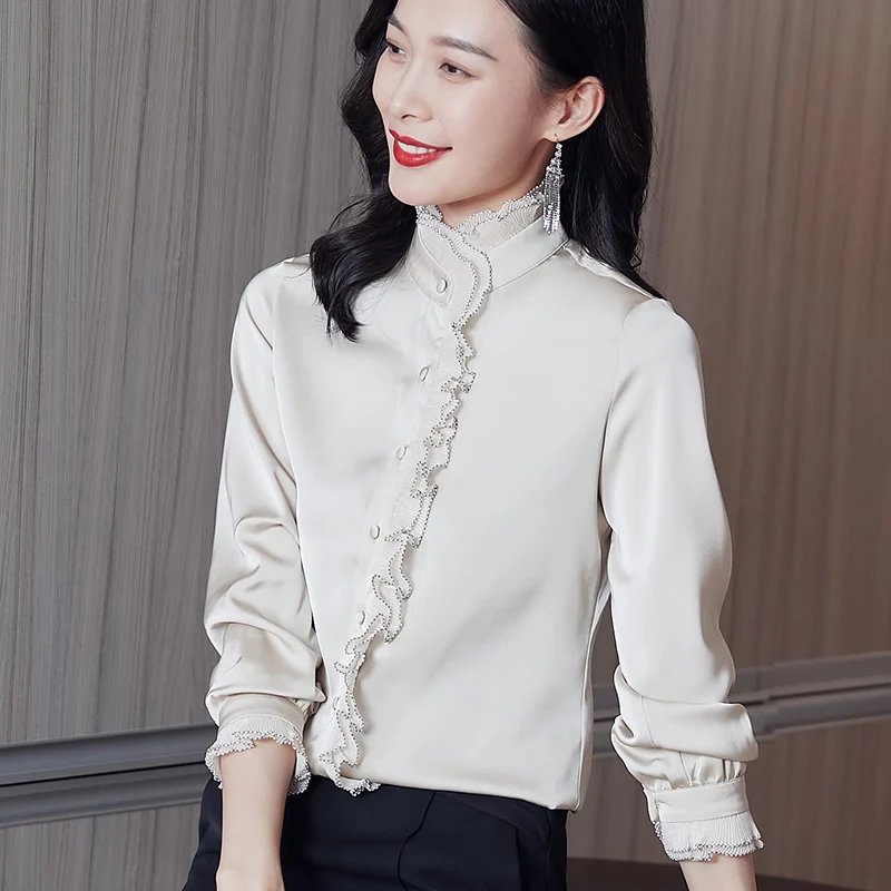 Camisa de manga larga para mujer, cuello de pie versátil, borde de oreja de madera, Top de moda y elegante, primavera y otoño, nuevo