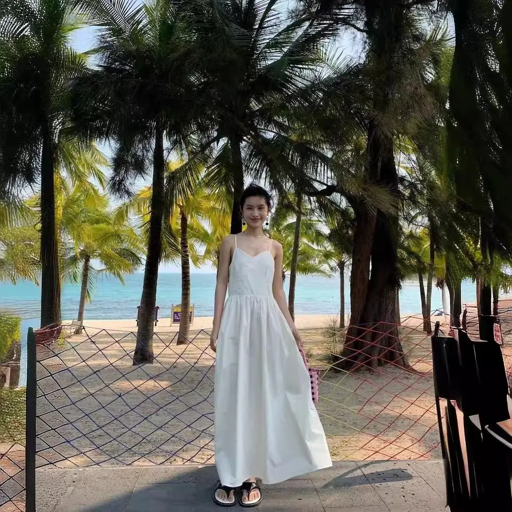 Cotton Plant Dyeing Slim Fit Summer Simple Artistic Strapl Dr Gentle Sle Elastic Waist A-Line Skirt White  Material