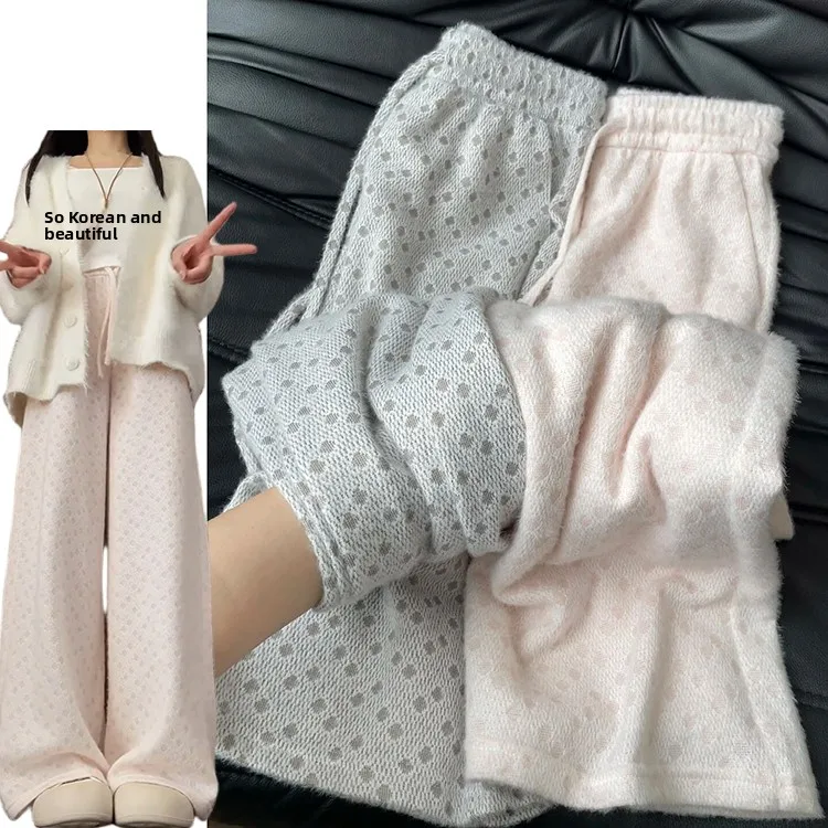 Dames ample jambe droite riz nouilles pantalon taille haute tricoté jambe large pantalon décontracté automne hiver nouveau Sle minceur drapé