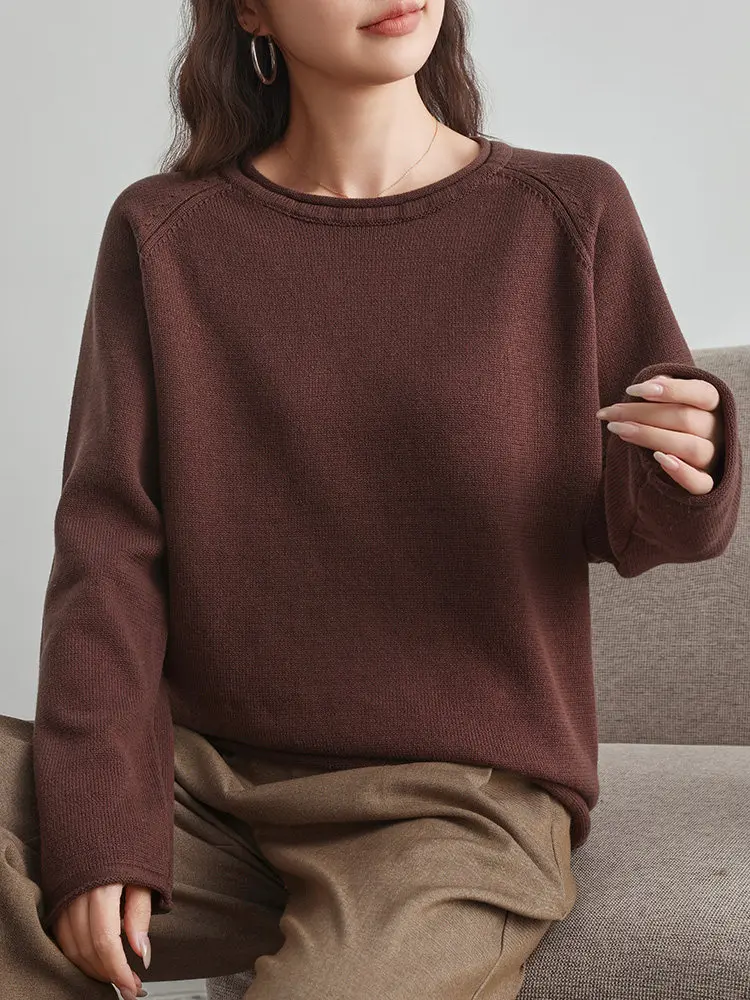

Casual Loose Fit Pure Cotton Knitted Sweater Women's Comfortable Warm Base Layer round Neck Thickened Sweater Soft Long Sleeve