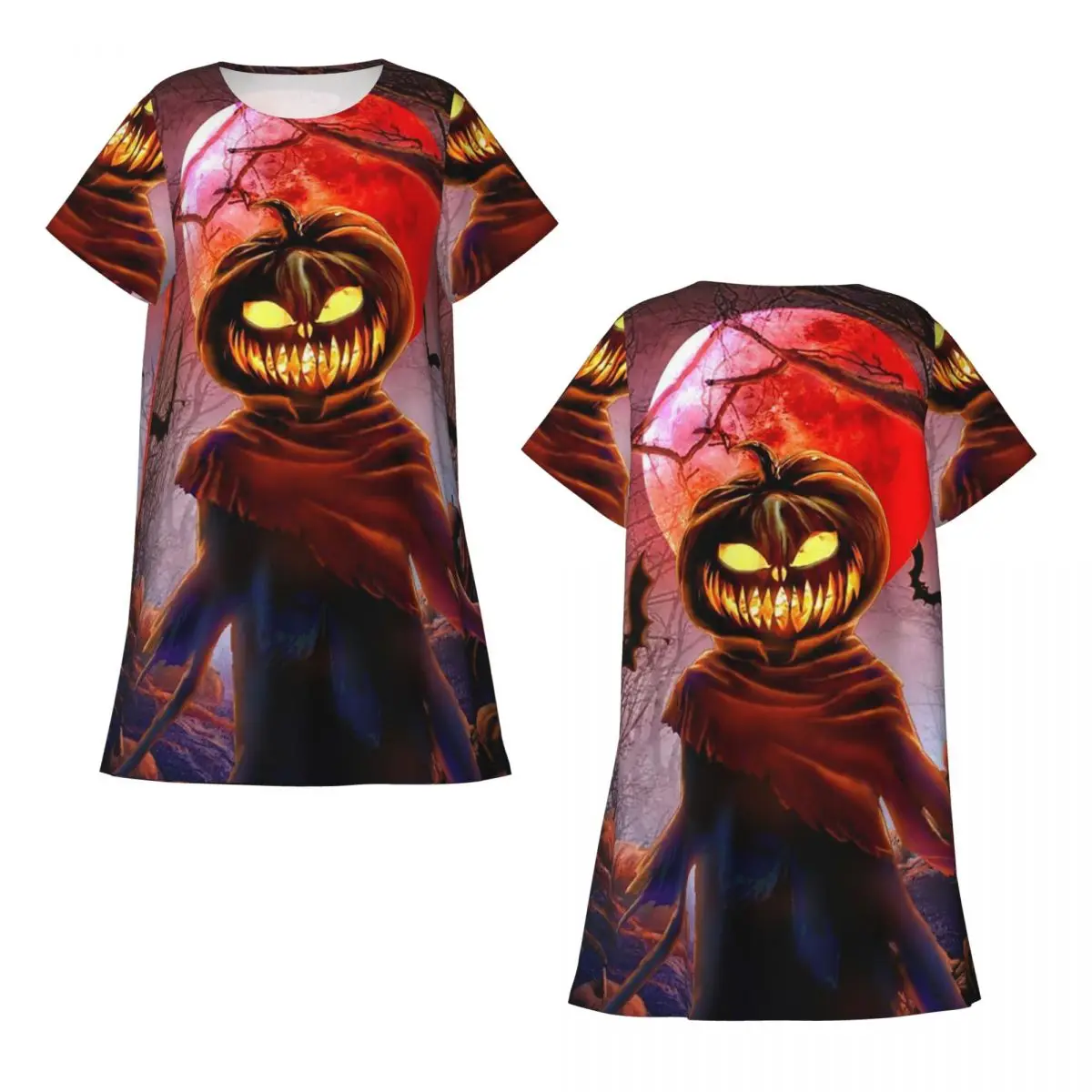 Halloween Pumpkin Scarecrow Short Sleeves Nightdress For Sleeping Sleepshirts Women Short Sleeve Nightgowns Loose Pajama Dress
