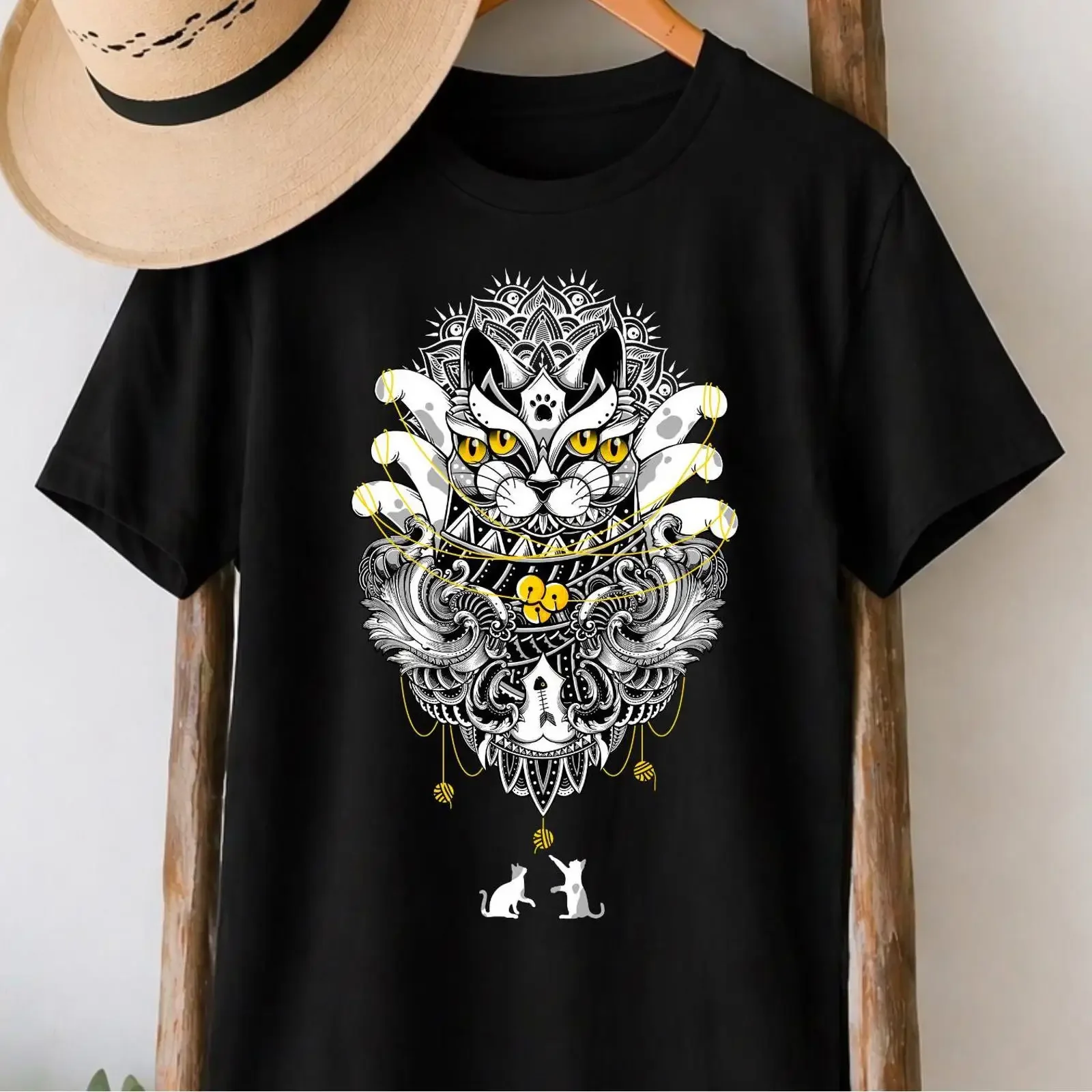 Creepy Geometric Cat T Shirt Gothic Sacred Ritual Design vintage Washed Unisex Slightly Comfortable Casual homme graphic