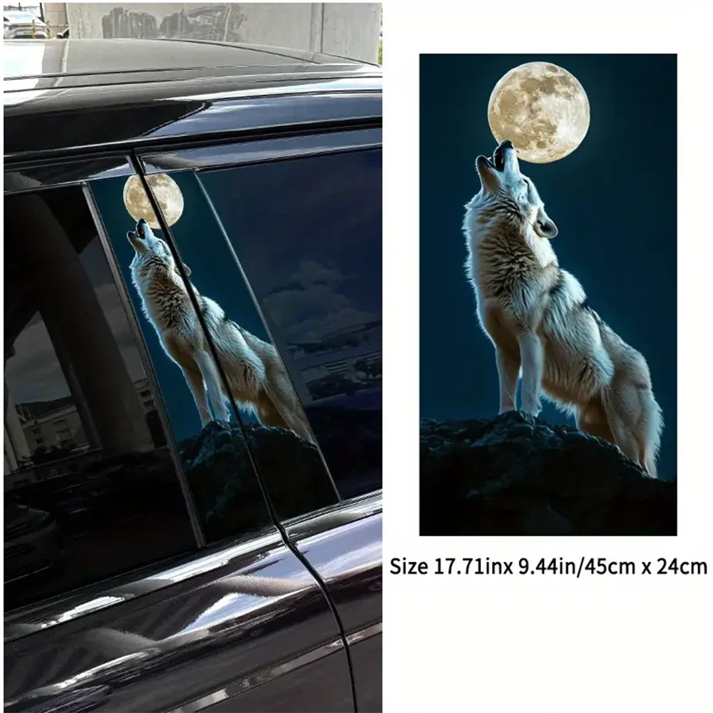 1PC Waterproof Wolf Howling At Moon Car B-Pillar Sticker Scratch Cover Door Pillar Sun Protection Decal Decor