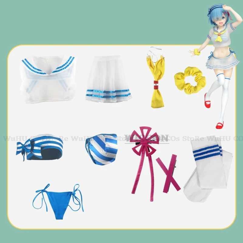 Anime Re Life In Zero Cosplay Rem Swimsuit Marine Ver Costume Women Sexy Cos Swimsuit Party Dress Hat Cos A Different World From