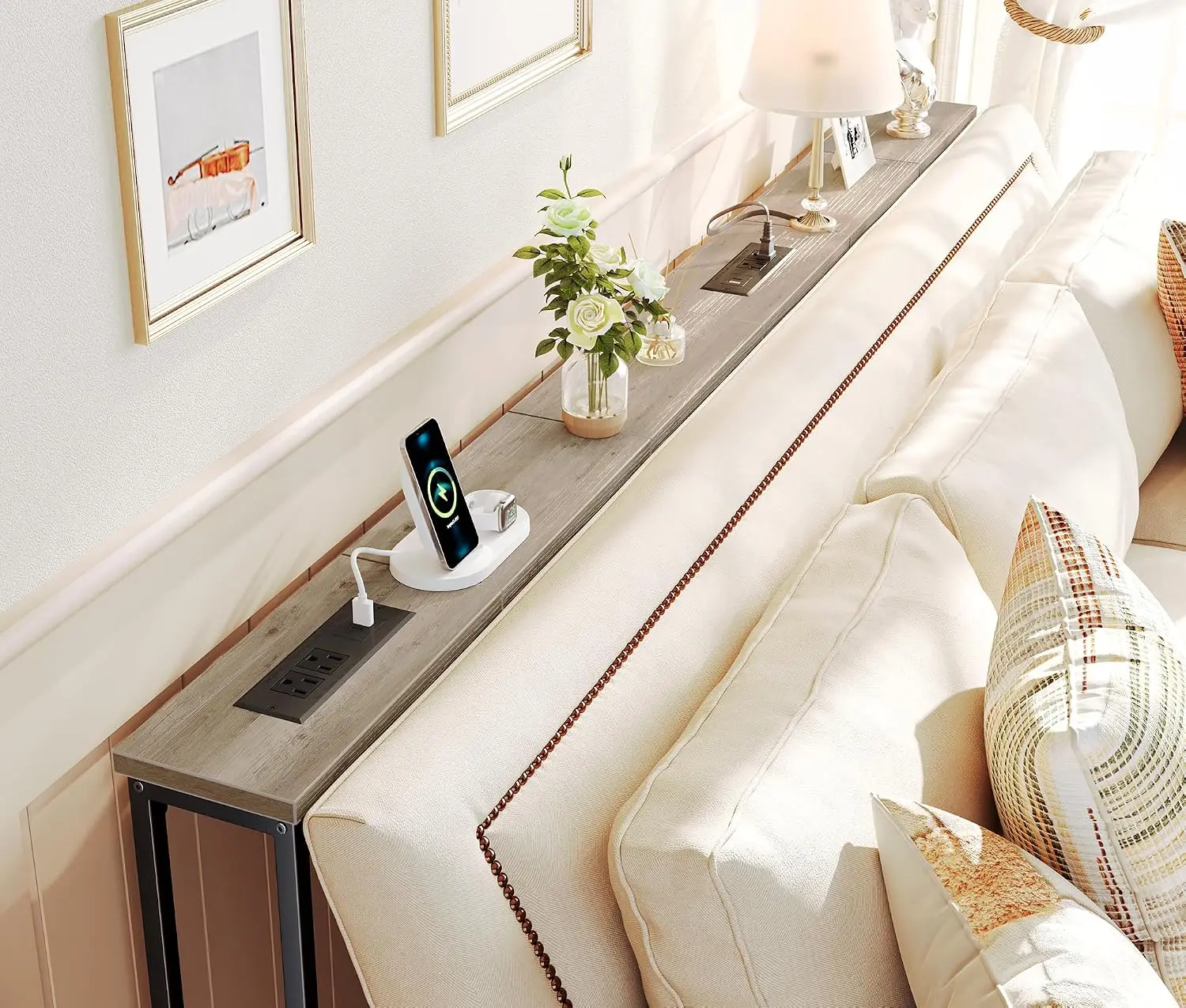 Narrow Sofa Console Table for Behind Couch, 78.8 Inch, Featuring 2 Charging Stations