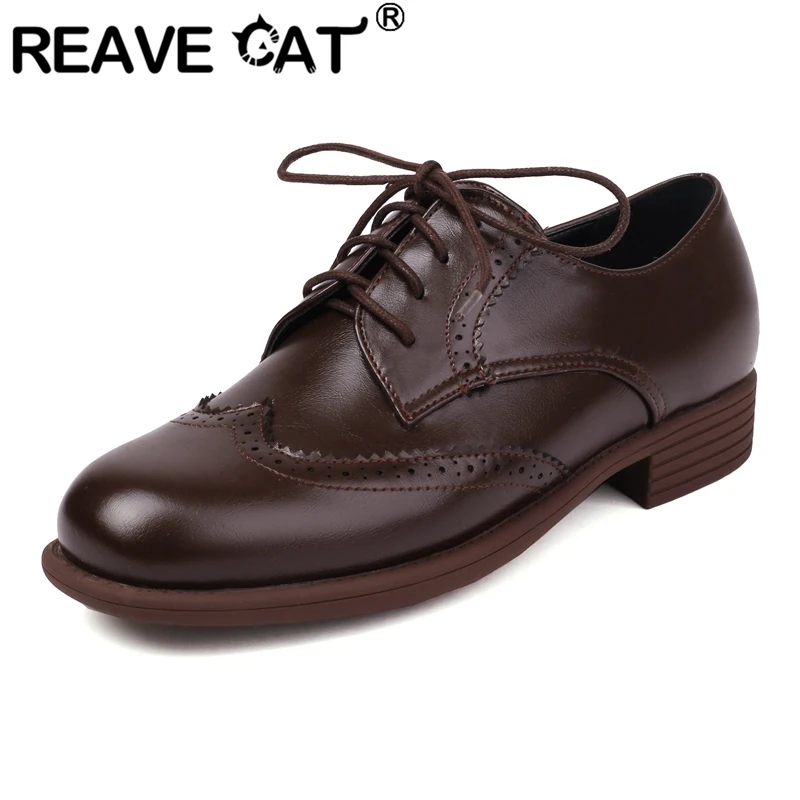 

REAVE CAT Brand 2024 New Women Casual Shoes Round Toe Lace Up Hollow Plus Size 41 42 43 Vintage Female Daily Soft Spring Flats