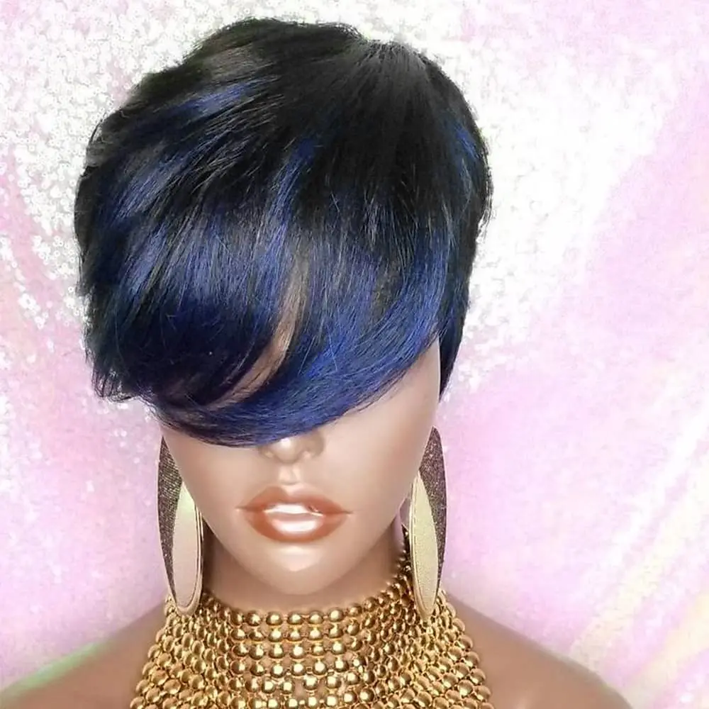 HAIRJOY Synthetic Hair Women Pixie Cut Wig Black  Blue Bangs Short Straight Wigs American African Hair Wigs