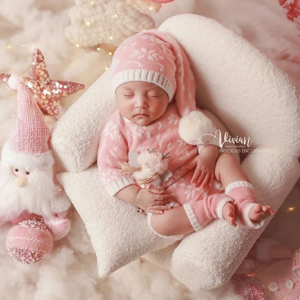 Set Alat Peraga Fotografi Bayi Baru Lahir Natal Merah Muda Kostum Bayi Rajutan Boneka Santa Alat Peraga Dekorasi Pohon Natal untuk Pemotretan Studio Foto Bayi