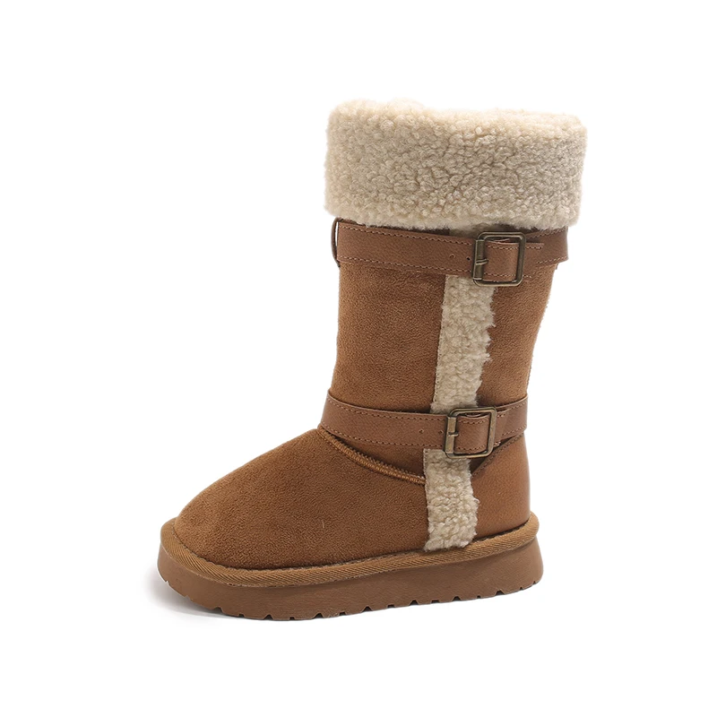 Kids Vintage Buckle Strap Faux Fur Mid-Calf Snow Boots, Children Retro Warm Winter Boots Side Zipper, Fleece Lined Toddler Boots