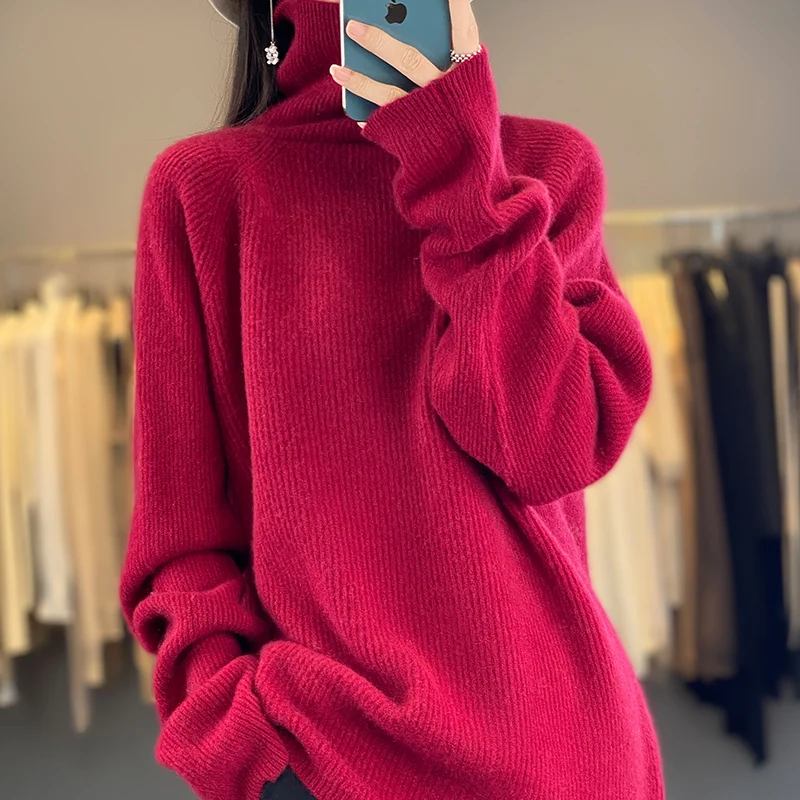 Raglan Yuanbao Pullover High end Loose Blouse Autumn/Winter Women's New High Neck Solid Color Top