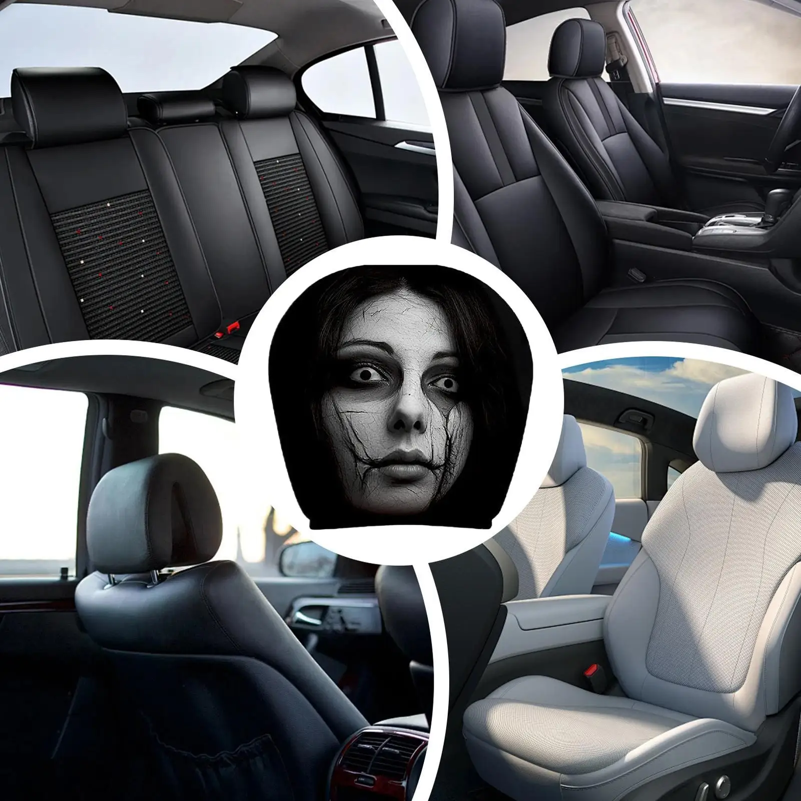 Car Headrest Cover 2 Piece Scary Face Pattern Automotive Seat Protector Cute Scary Face Pattern Cartoon Car Headrest Covers for view 5