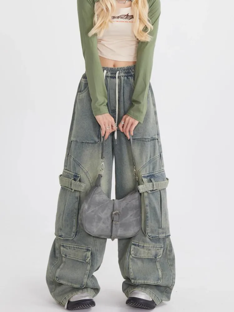 Multi-Pocket Cargo Pants Y2k Retro High Street Fashion High Waist Jeans Couple Harajuku Simple Casual Wide Leg Pants