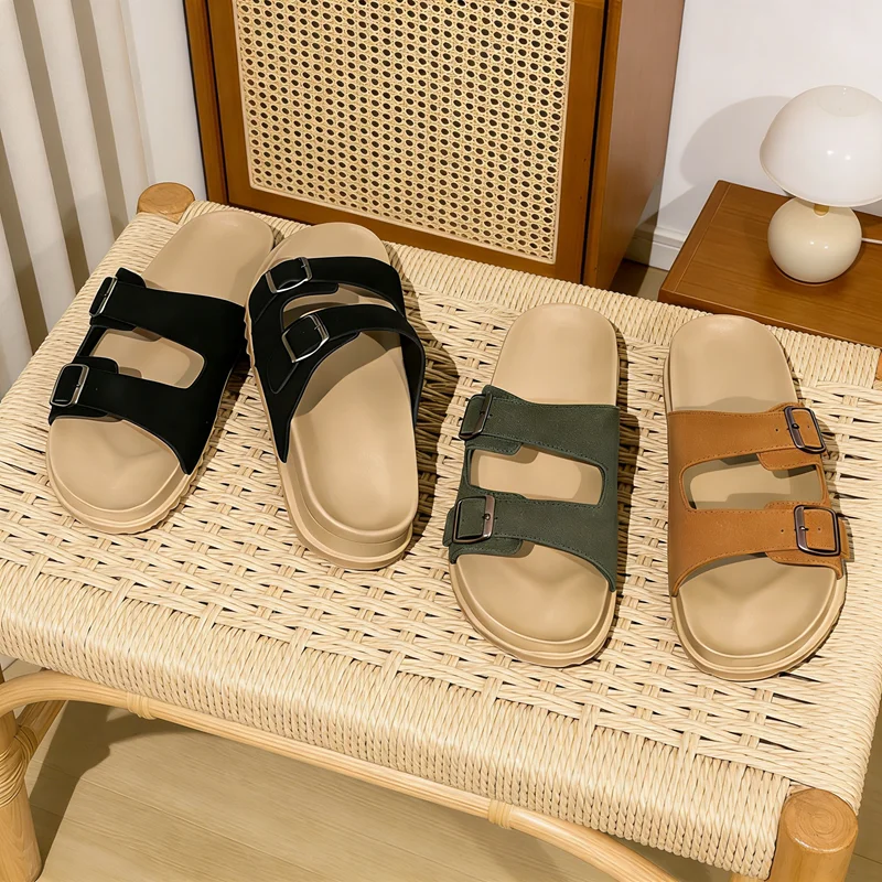 

Men's Adjustable Buckle Suede Slides Thick Sole EVA Anti-Slip Home Slippers for Indoor & Outdoor Wear