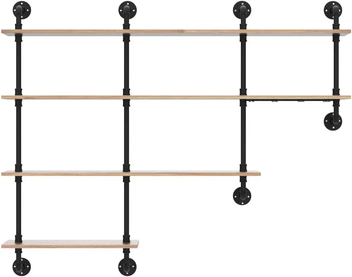 Prateleiras de tubos de 4 camadas de 63 polegadas, prateleiras flutuantes rústicas de madeira e metal, prateleiras de decoração para casa, montagem na parede com rack de vinho, preto