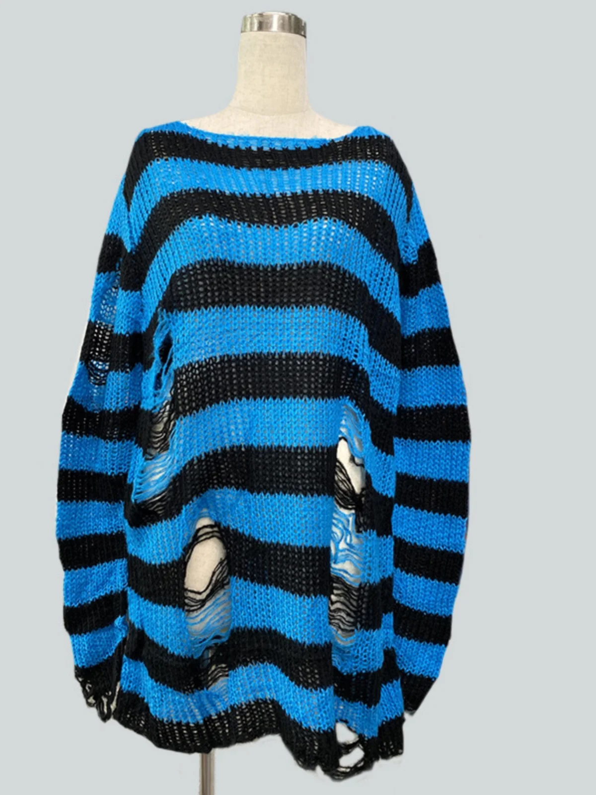 Casaco de Pele Longo Listrado para Mulheres, Estilo Solto, Design com Furos, Suéter de Comprimento Médio para Outono