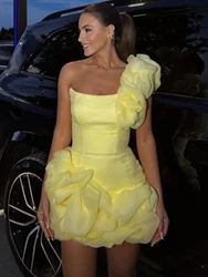 2024 Newest Summer Fashion Women Sexy One Shoulder Yellow Ruffles Mini Bodycon Cotton Dress Elegant Evening Club Party Dress