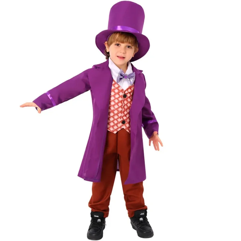 Movie Chocolate Factory Willy Cosplay Costume Kids Purple Coat Hat Pants Bow Tie Full Set Disguise Willy Children Suit Halloween