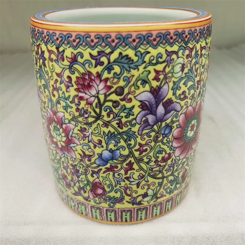 Chinese Antique Yellow Enamel Porcelain Pen Holder Tangled Branches Design Home Decor Vase Storage Accessory