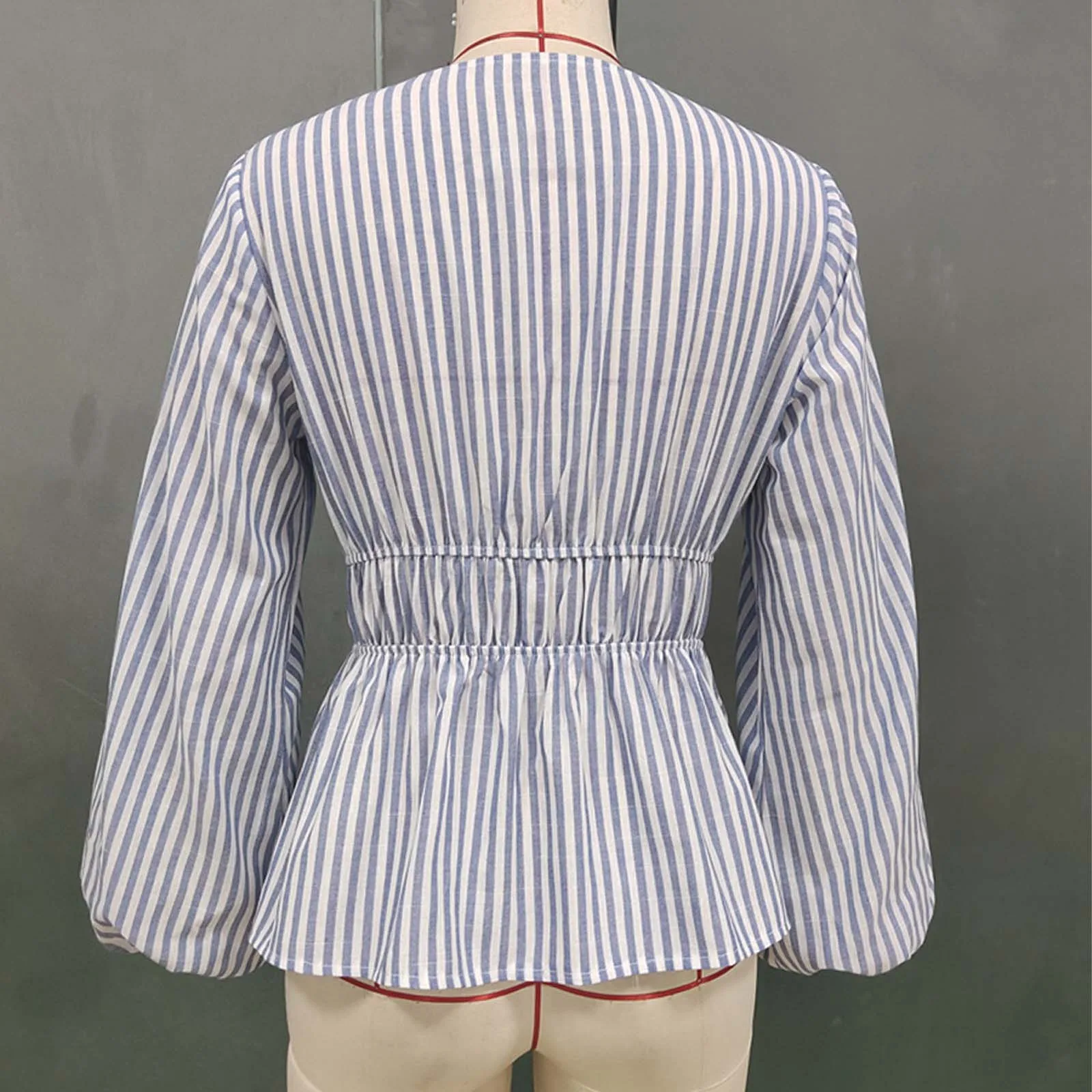 Womens Striped Lace-up Shirt Top Front Open with Double Tying Long Sleeve V Neck Blouse Top for Office Work Daily Vacation