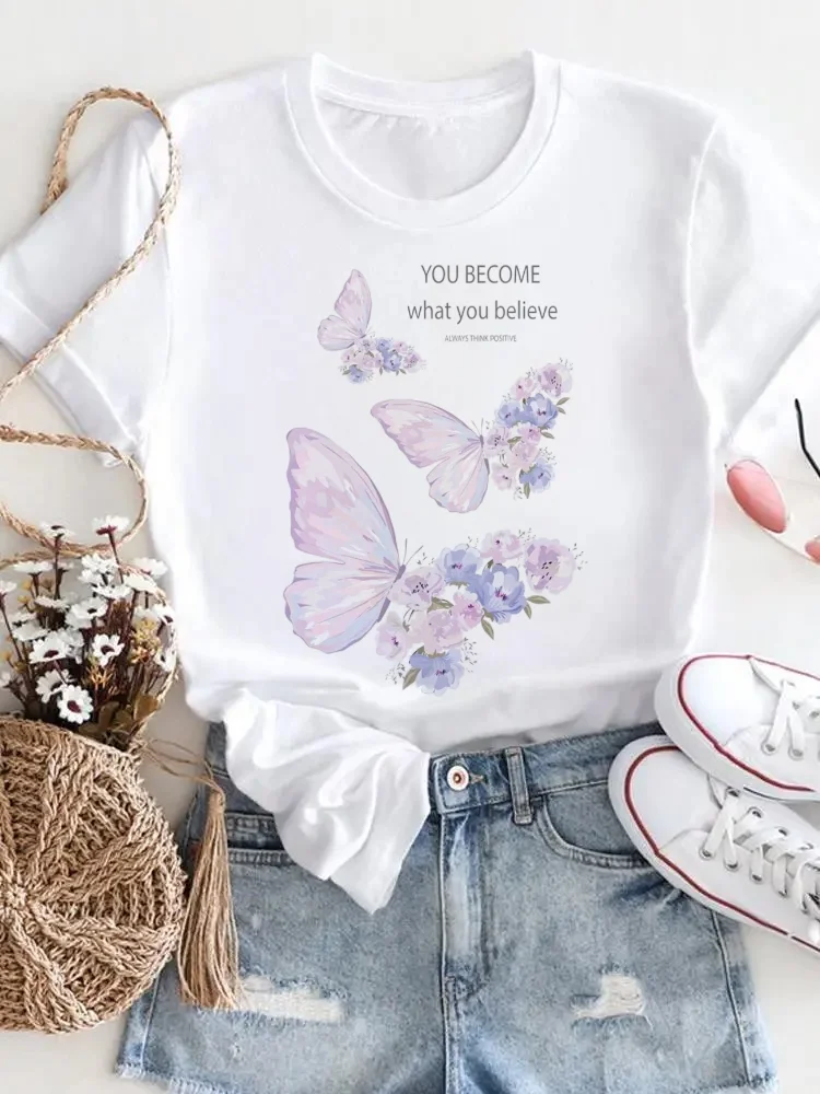 

You Become What You Believe Printed Lavender Butterfly Pattern T-Shirt Printed Top Casual Women's Short Sleeve New T-Shirt