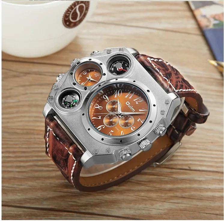 Oulm Brand New Style Mens Big Face Watches Military Dual Time Zone Sport Wrist Watch Casual Leather Strap Quartz Watches