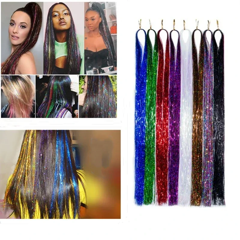 93cm/100cm accessori per estensioni dei capelli olografici Glitter Tinsel Sparkle Shiny 120 fili Bling scintillio estensioni dei capelli