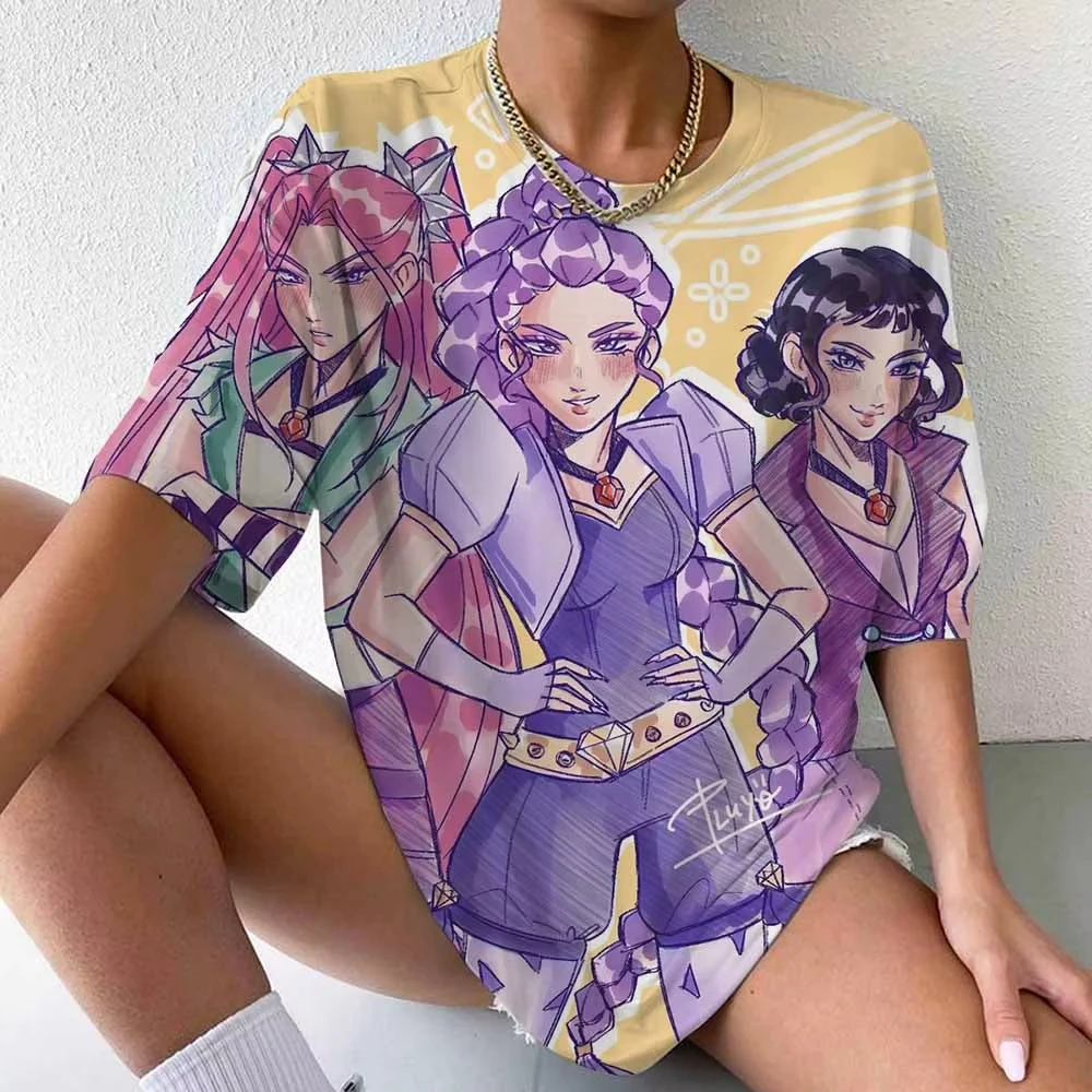 تي شيرت نسائي كبير الحجم مطبوع عليه KPop Demon Hunters صيفي لحفلات الشارع ومظهر يومي غير رسمي مع طباعة نمر ديربي حية #3