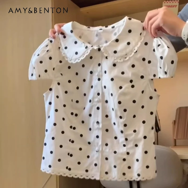 

Korean Design Polka Dot Short-sleeved Women's Shirt 2026 Spring Summer Waist-cinching White Versatile Doll Collar Shirts Ladies