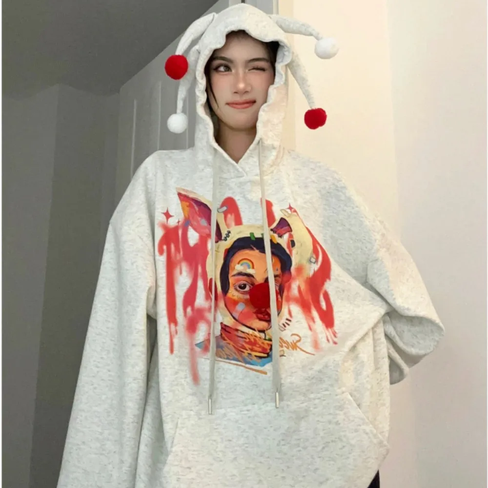 

INS trendy brand niche hooded clown long sleeved sweater for women's design sense jacket