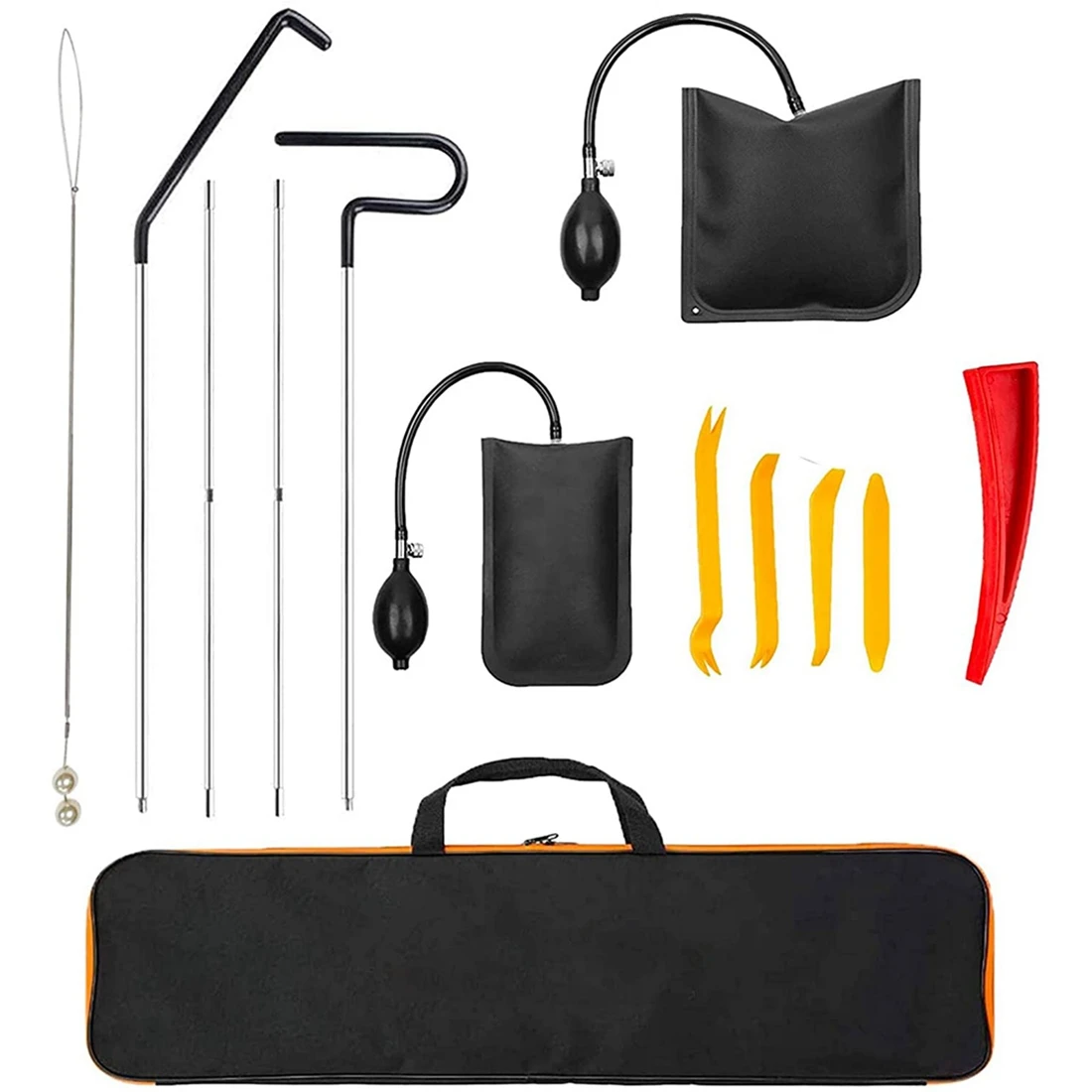 

Car Tool Kit with Long Reach Grabber, Air Wedge, Non Marring Wedge, Pulling Cable and Storage Bag, 13