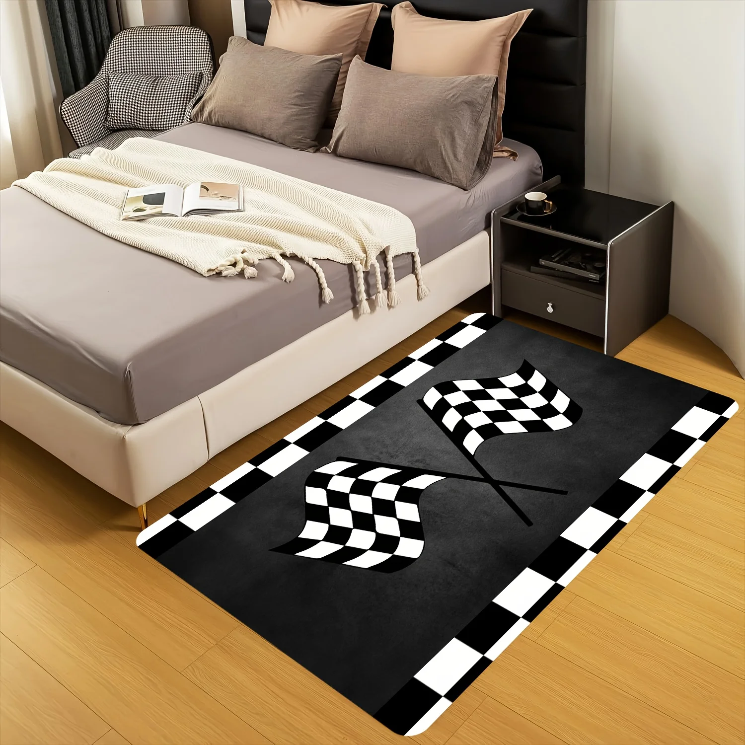 Racing Checkered Flag Doormat, Black White Auto Entrance Rug, Sports Car Garage Floor Mat, Non-Slip Home Decor for Man Cave