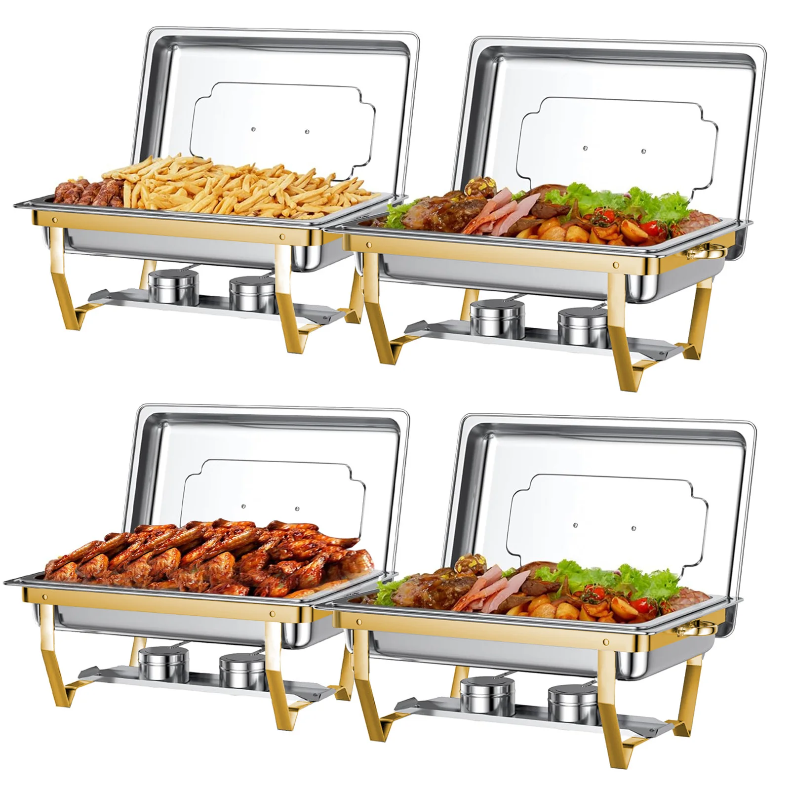 Paquete de 4 platos para frotar, juego de Buffet, calentador rectangular de acero inoxidable semi chapado en oro de 8QT-9QT para fiestas de Catering de Hotel, bodas