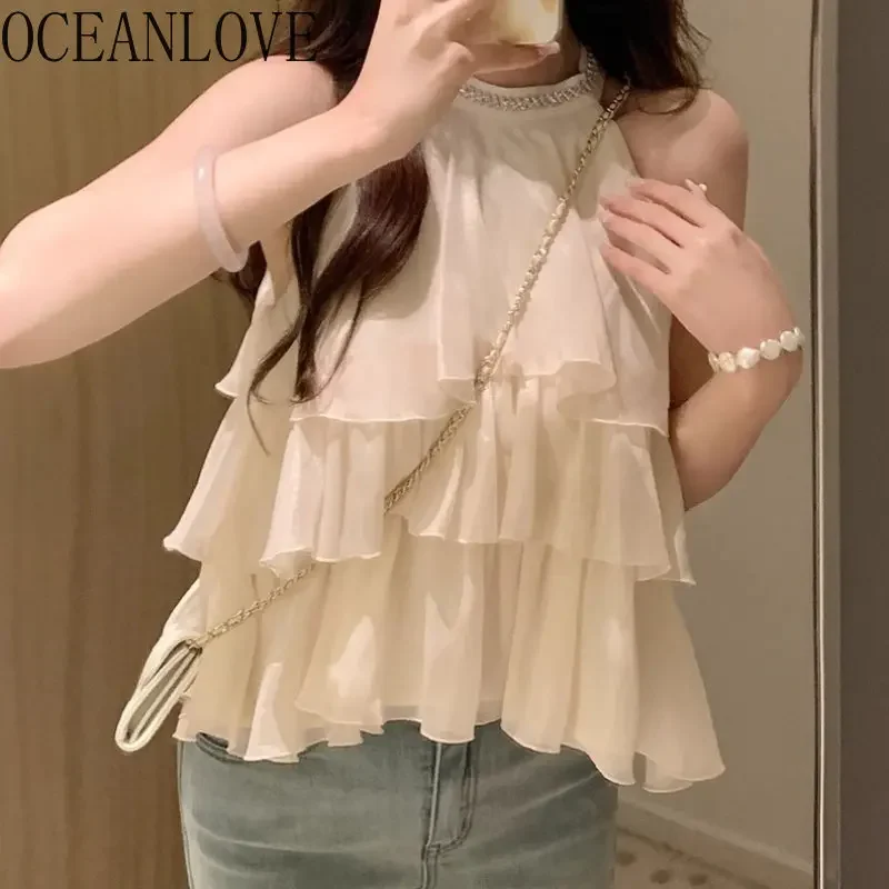 OCEANLOVE Halter Ruffles Blouses Women Tops Solid Summer Korean Fashion Sweet Blusas Mujer Sleeveless Loose Vintage Shirts