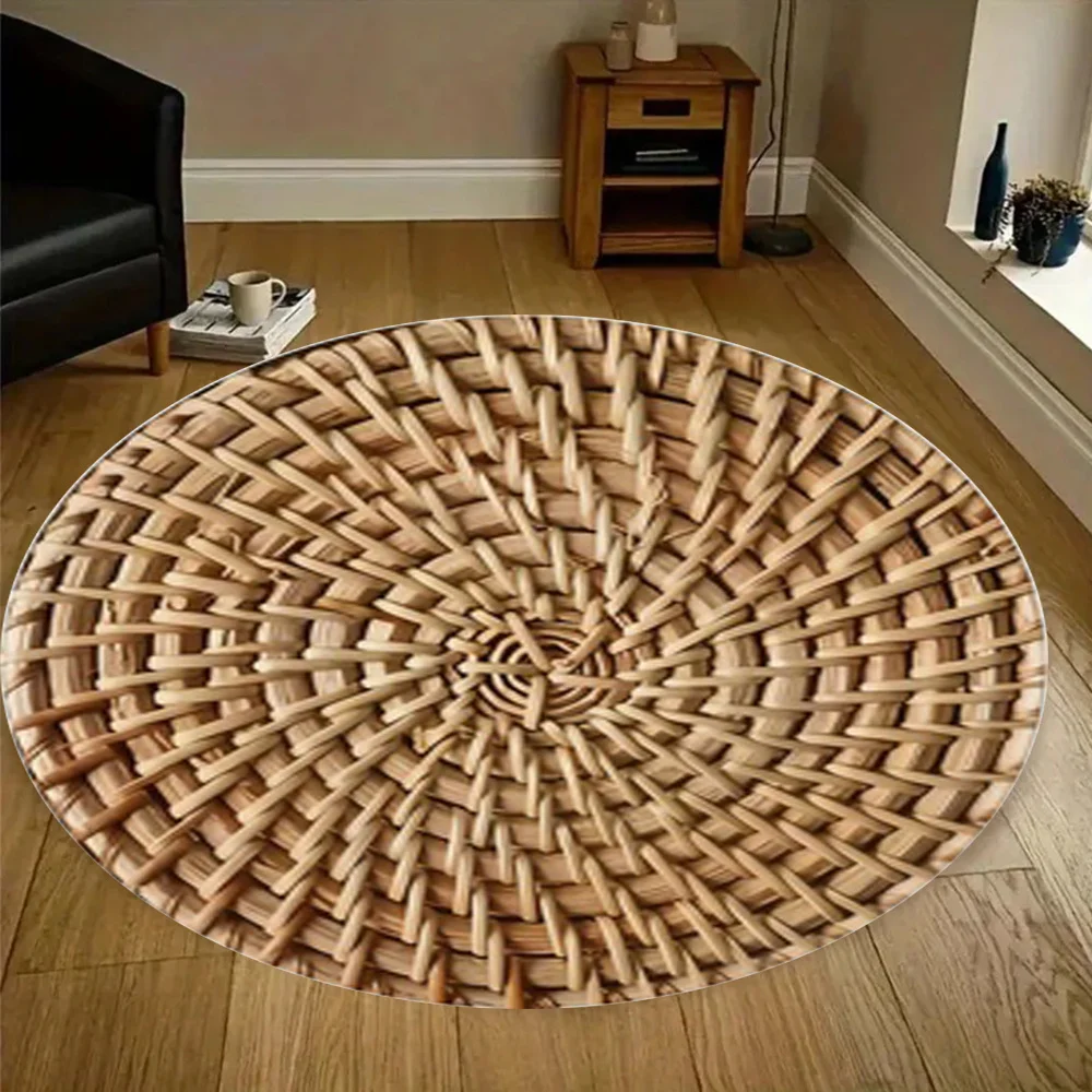 Woven Rattan Pattern Round Rug Natural Boho Style Flannel Carpet for Living Room Bedroom Yoga Meditation Space Eco Friendly Home
