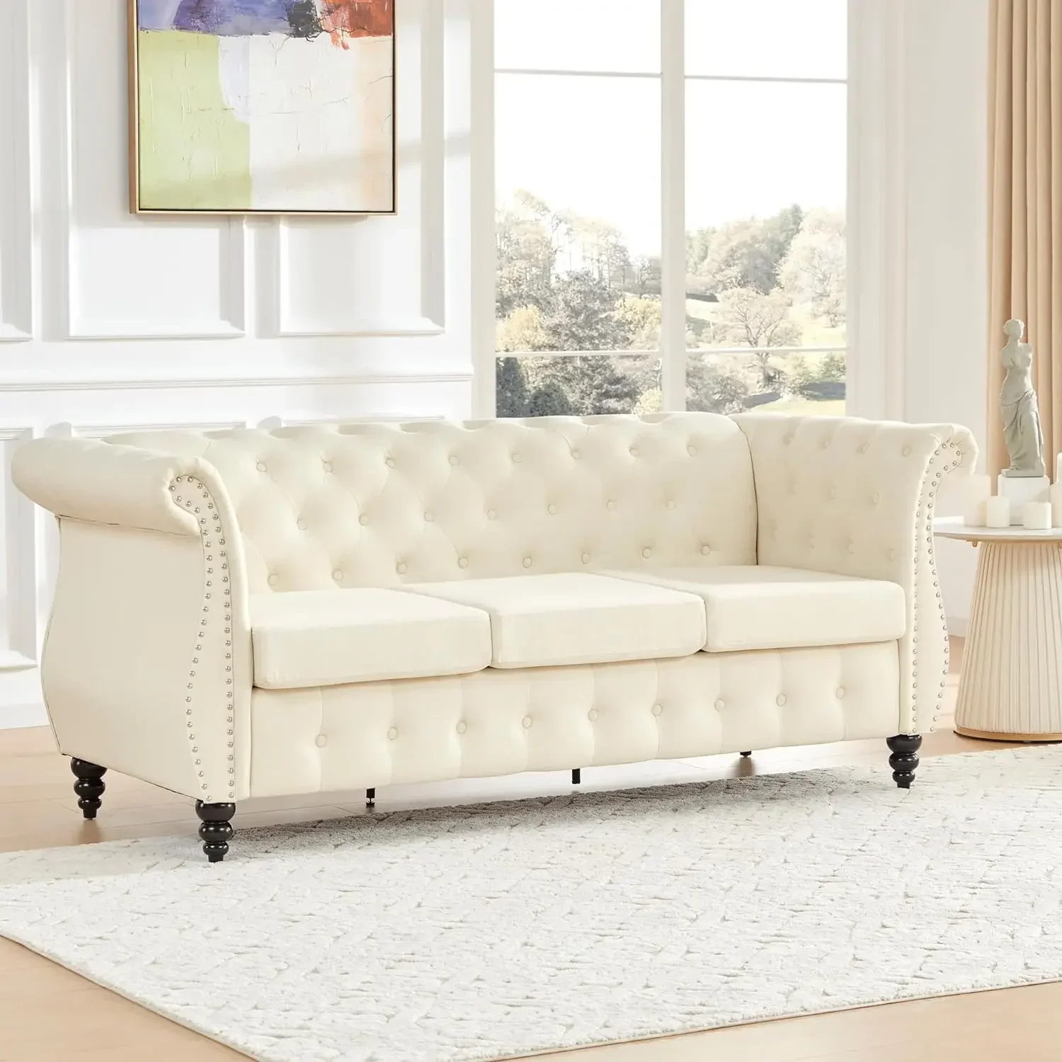 

A Sofa with Rolled Arms, Classic Button Tufted 2/3 Seater Couch with Nailhead Trim, Upholstered Couches