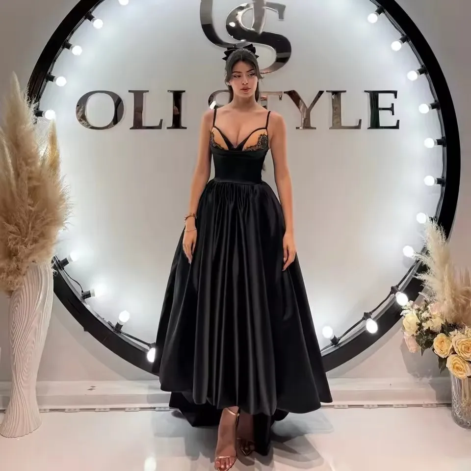 

Sexy Long Formal Party Dress Pretty Black Satin High Low Women Dress With Lace Appliques Details A Corset Bustier