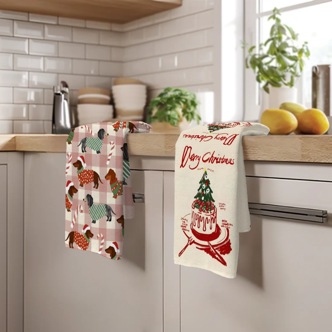 

2PCS Christmas Tree Puppy Kitchen Towel Dish Cloths Holiday for Kitchen Towel Christmas Decoration 40x60cm