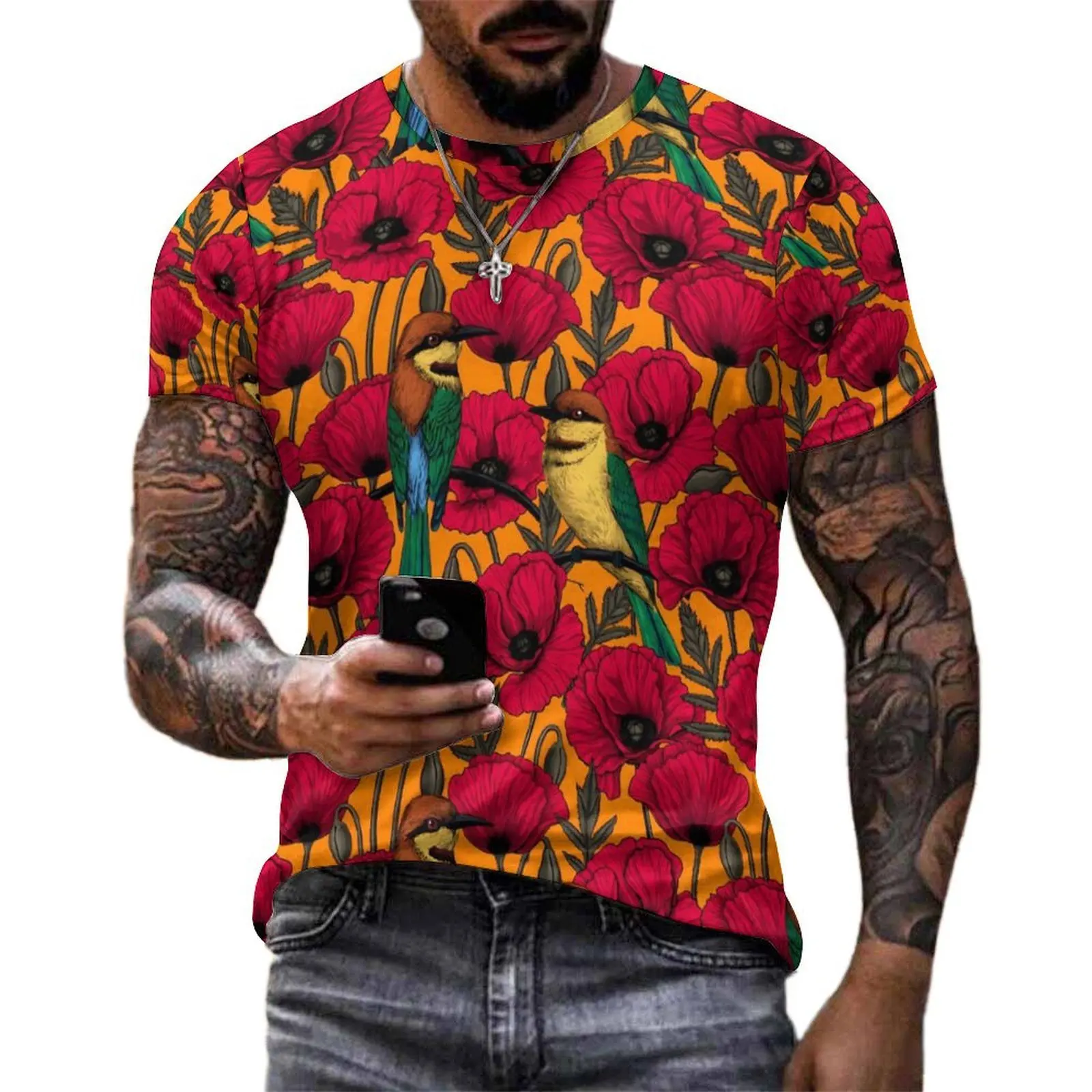 Birds Flower T Shirt Bee Eaters And Poppies Y2K Casual T-Shirts O Neck Trendy Tshirt Original Man Graphic Top Tees Plus Size 5XL