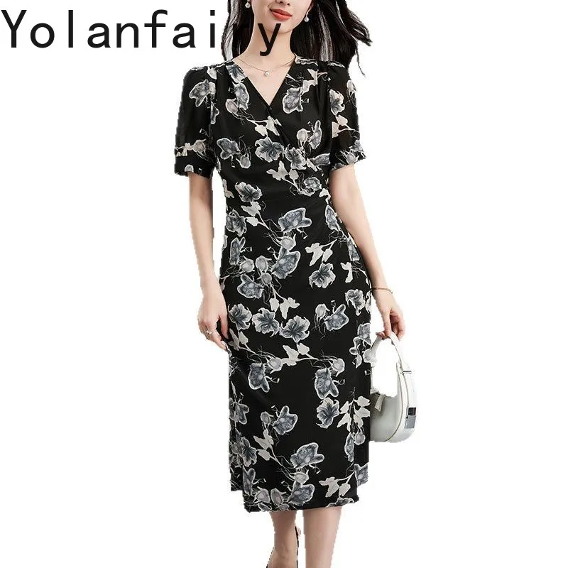 YOLANFAIRY 100% التوت الحرير فستان صيفي 2025 الكورية نمط Cinched الخصر فساتين الحفلات امرأة قصيرة الأكمام فستان أسود زهري