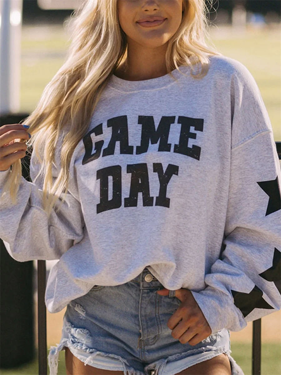 Women Cute Sweatshirts Star Letter Print Loose Long Sleeve Pullovers Casual Fall Workout Tops Autumn Streetwear