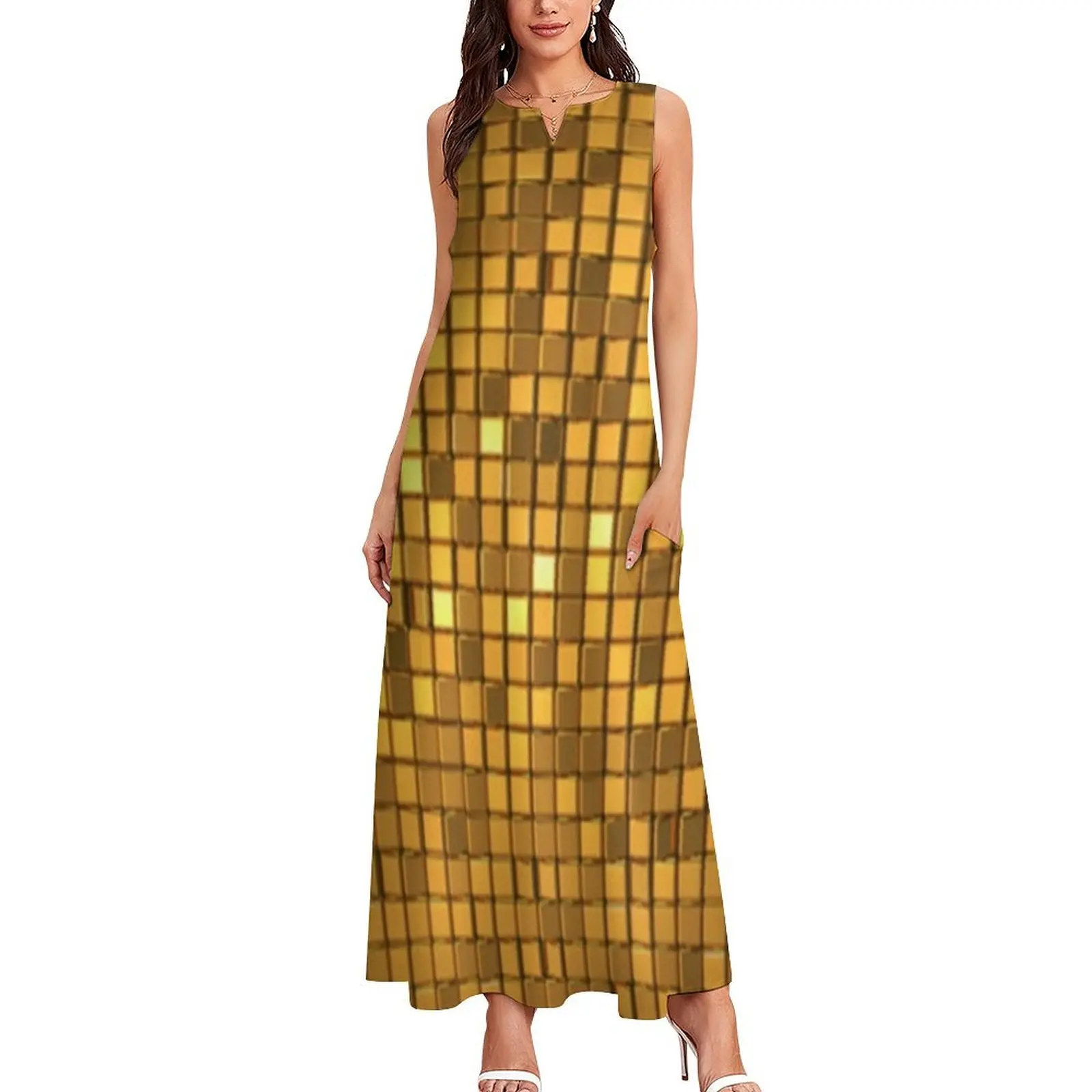 Golden shiny disco ball Long Dress chic and elegant evening dress Summer skirt Dress