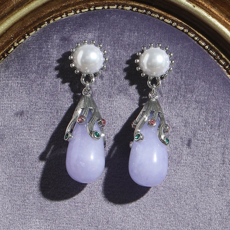 

Vintage Large Pearl Drop Earrings Luxury Silver Color Women Pendant Long Purple Natural Stone Jewelry Gift For Valentine Day New