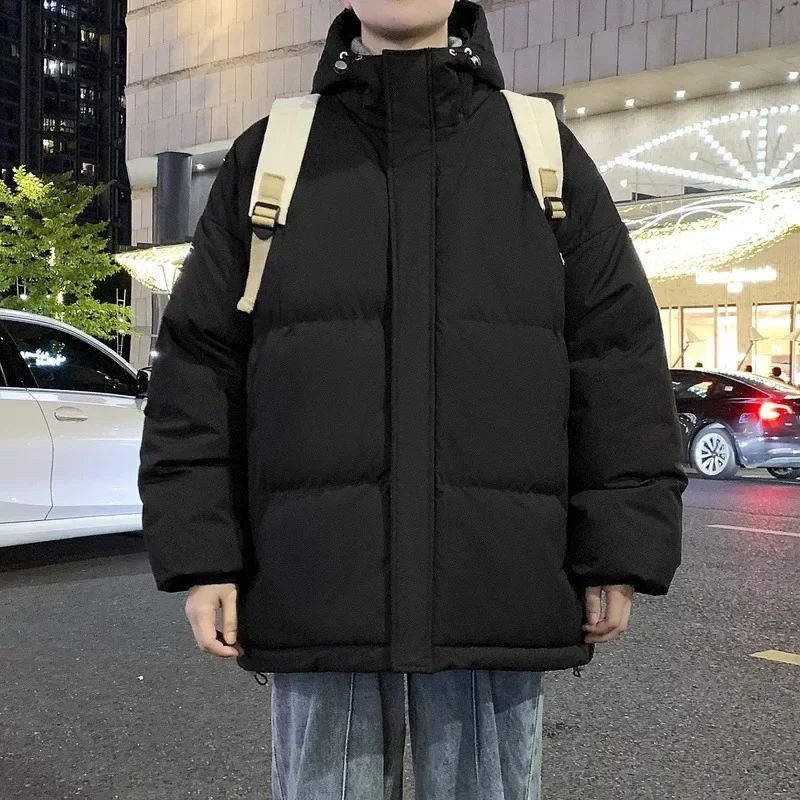 

Корейский стиль, мужские однотонные повседневные модные простые базовые свободные стеганые куртки с капюшоном, зимние новые модные мужские пальто, одежда, топы