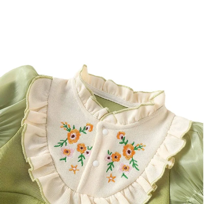 Autumn Winter Infant Newborn Girls Rompers Floral Embroidered Princess Jumpsuit Mesh Patchwork Lace Sleeve Korean Baby Outfit