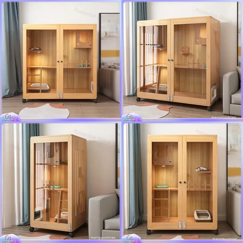 Luxury Solid Wood Cat Villa Indoor Two Story Cat House Large Cage Furniture Pet Nest Room Free Space Cabinet Home Decor