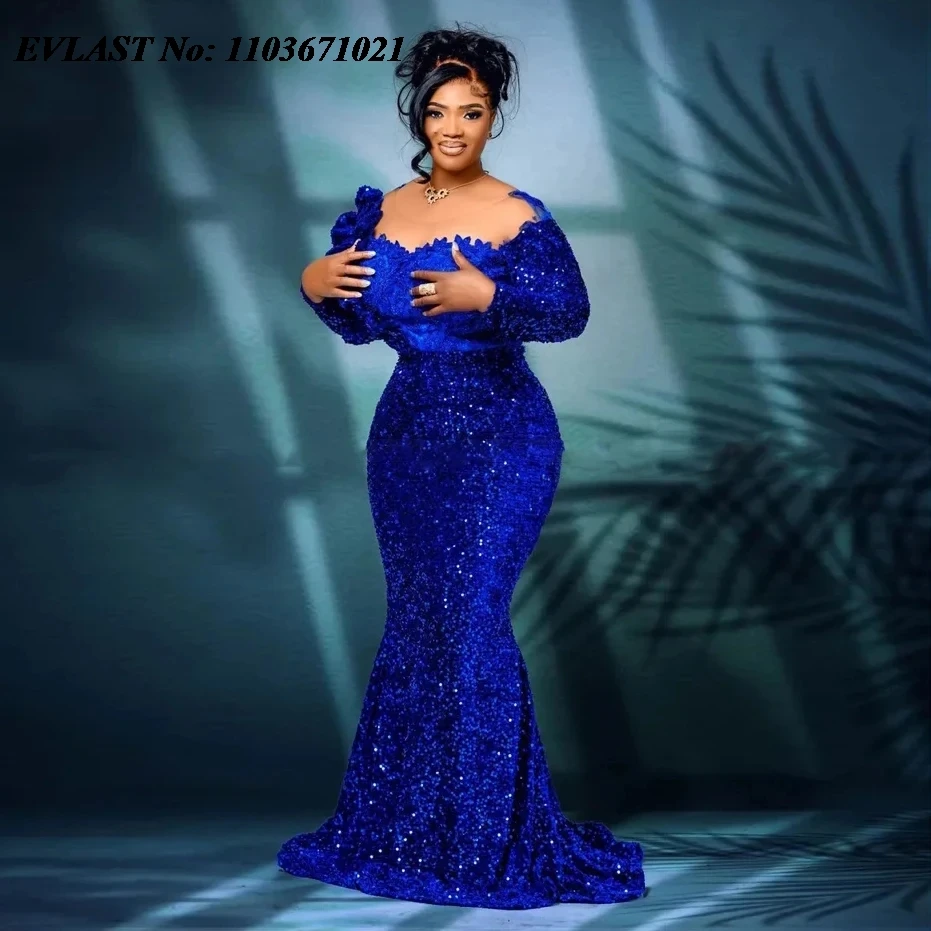 EVLAST Customized Royal Blue Sequins African Evening Dress Black Women Nigerian Party Gown Sequined Mermaid Prom Dress P163