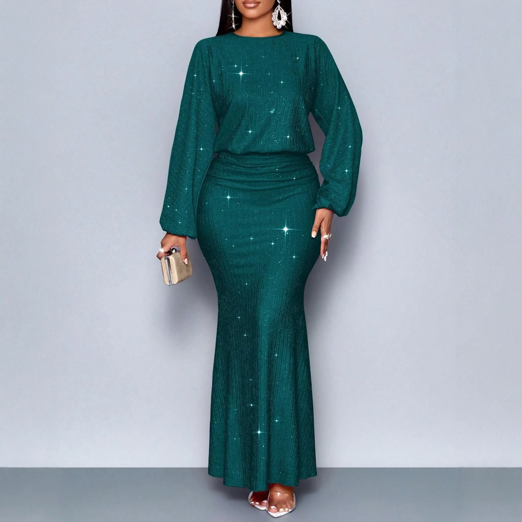 

2026 New Fashion Sequined Ruffle Hip-hugging Dress Women Summer Sexy And Elegant Solid Color Pleated Round Neck Dress For Women