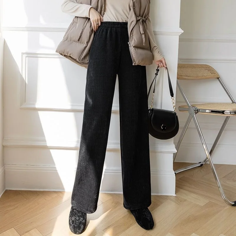 High-waisted Straight Pants 2024 Autumn/Winter New Women's Pants Loose Drape Wide-leg Fleece Lined Black Simple Pants